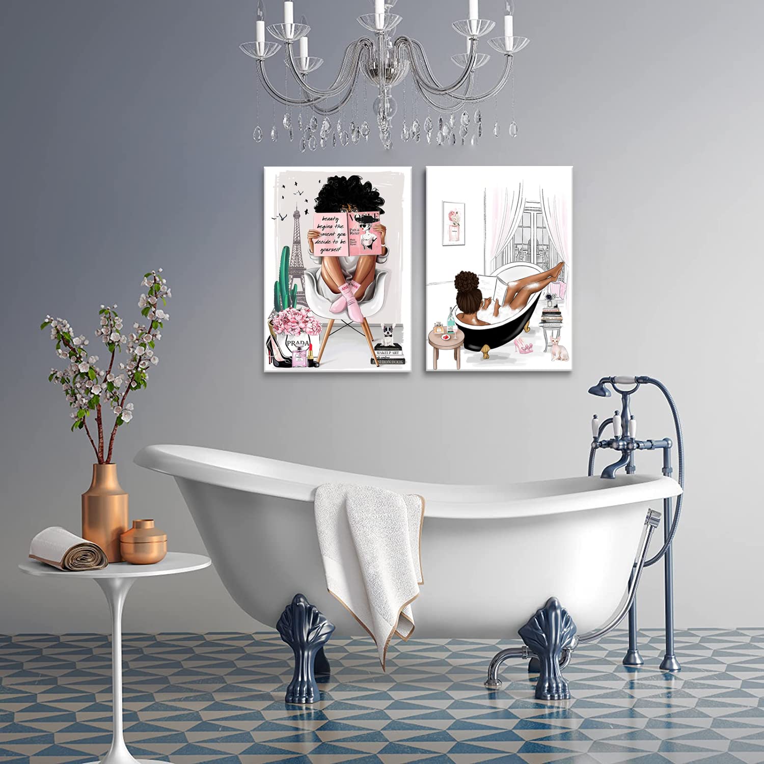 2 Pieces Framed African American Wall Art Modern Fashion Paris Pink White Afro Black Girls Women Canvas Wall Decor Pictures Posters Prints Artwork for Bathroom Living Room Bedroom Home Decoration