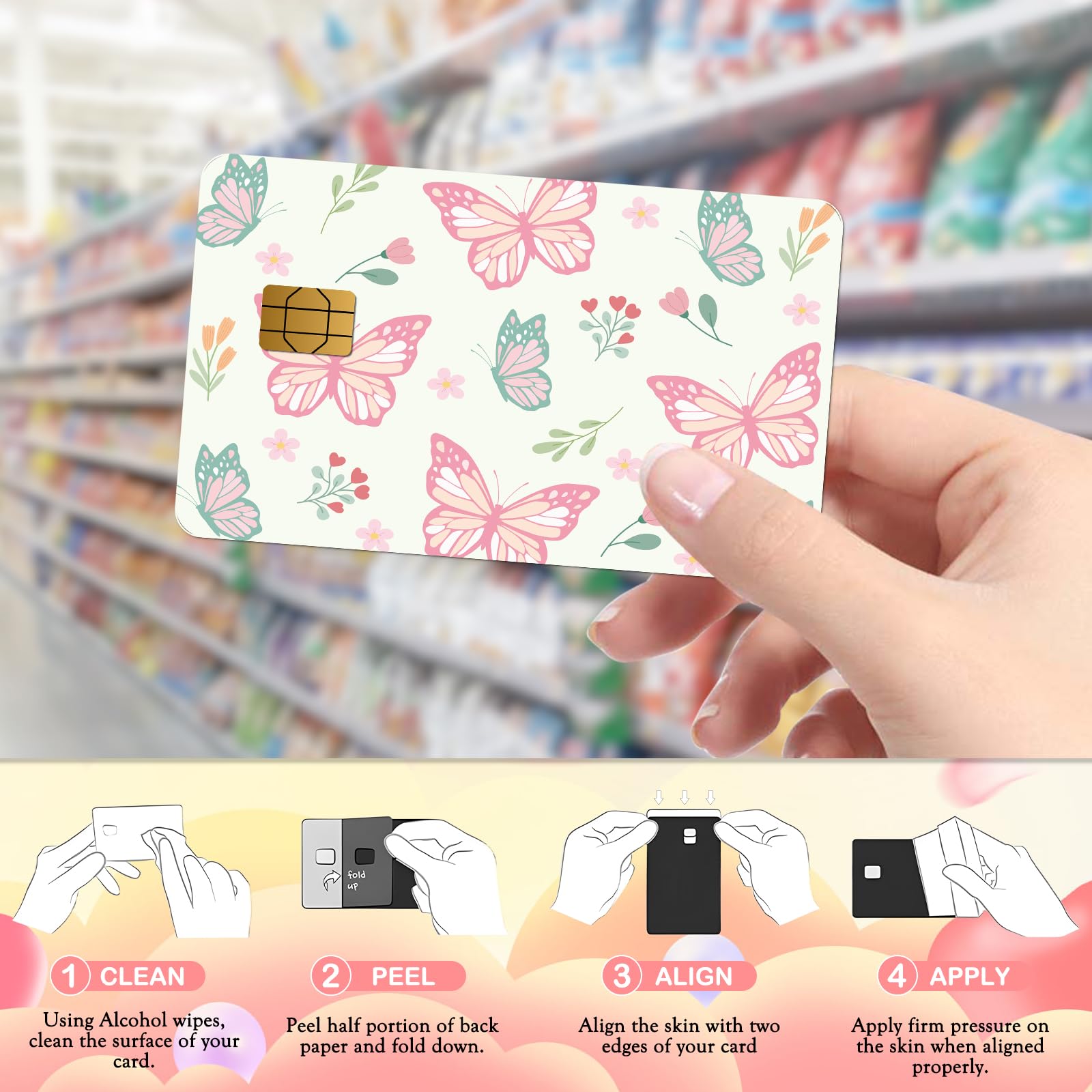 Credit Card Skin Stickers - 4 Pcs Pink Strawberry Debit Card Skin Stickers, Cute Berry Bow Daisy Removable Waterproof Decal Cover Set for DIY Key, Transportation