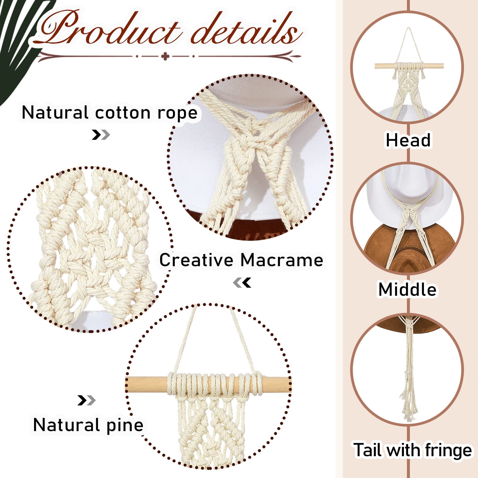 Yulejo Macrame Hat Hangers Boho Hat Rack for Wall Western Cowboy Hanging Organizer for Door Wall Room Bedroom