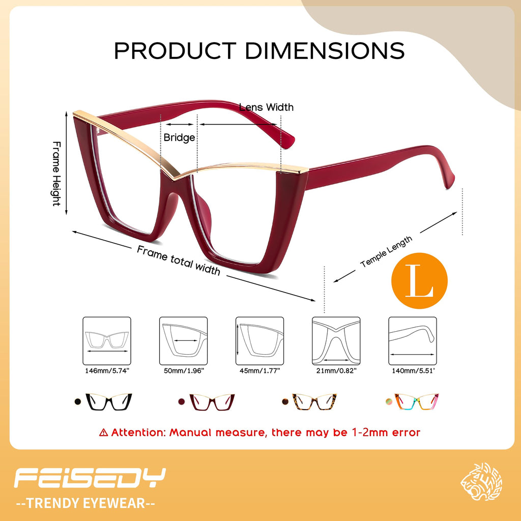 FEISEDY Fashion Cat Eye Blue Light Blocking Glasses for Women Fake Retro Eyeglasses Oversized Stylish Eyewear Frame B0240