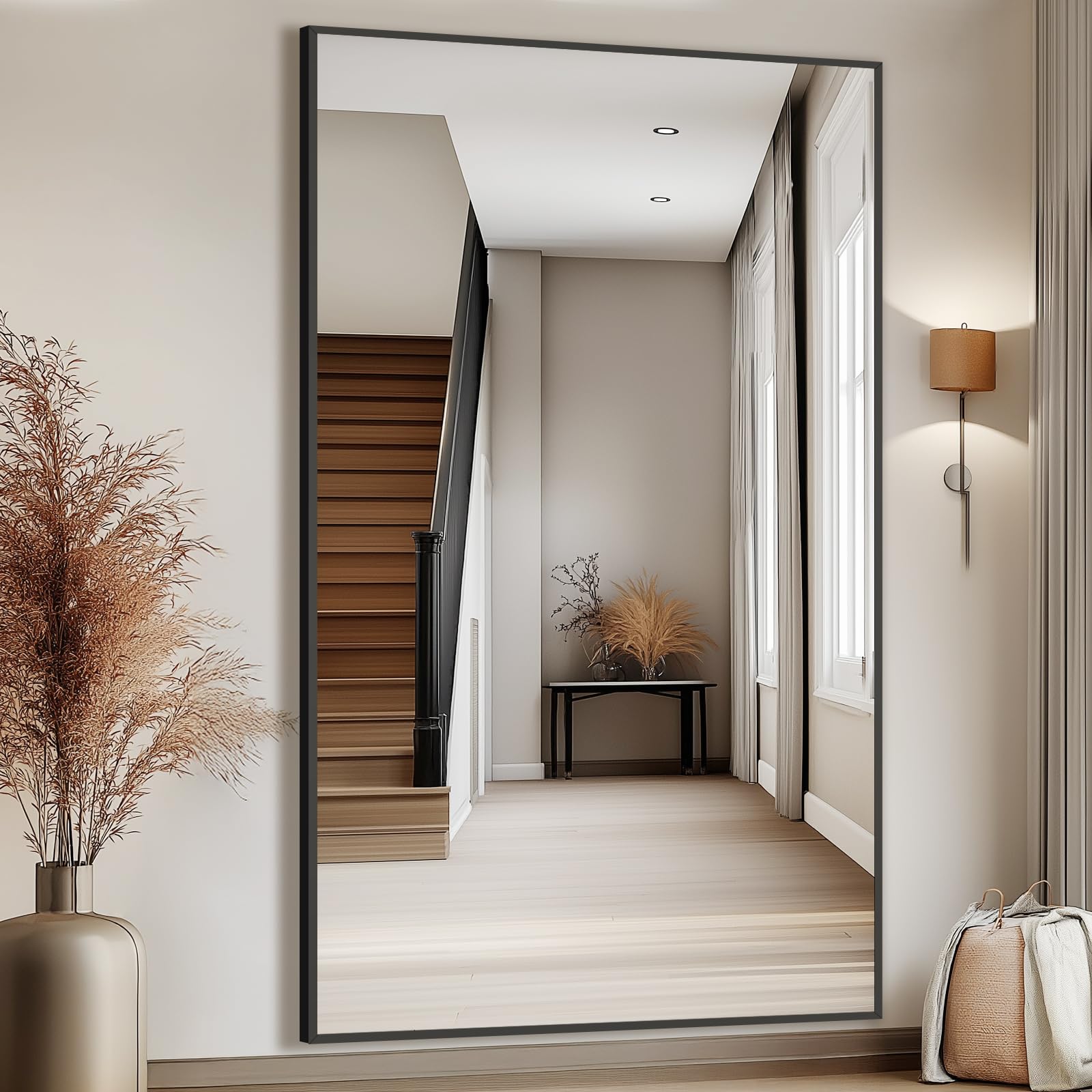 Oversized Floor Mirror Full Length with Stand, 72"X44" Extra Large Arch Standing Mirror Full Length, Tempered Glass Black Full Body Mirror for Bedroom Living Room, Aluminum Alloy Frame