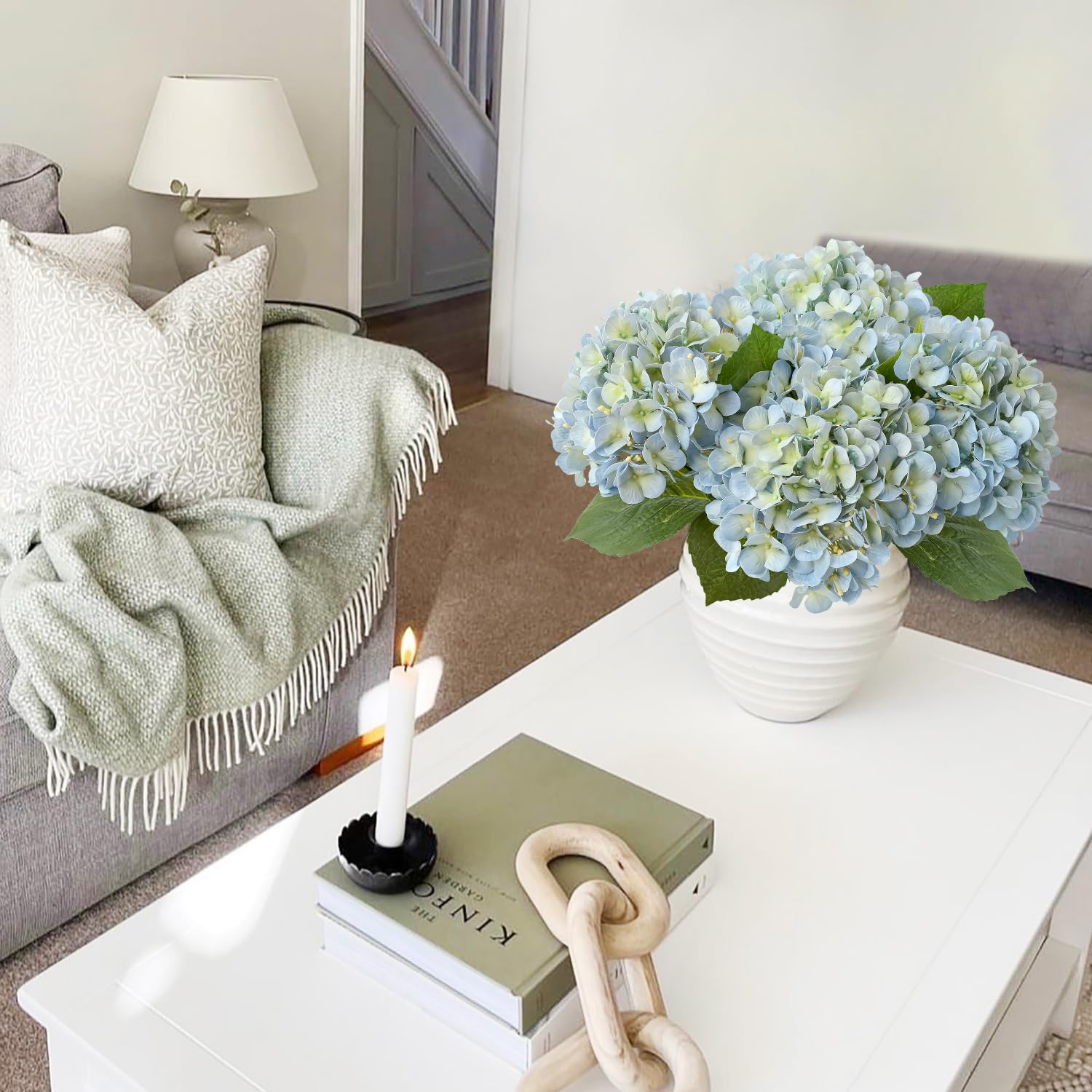 Light Blue Hydrangea Artificial Flowers,4Pcs 20" Real Touch Lifelike Silk Artificial Hydrangeas, Full Fake Flowers for Bouquet Table Centerpieces Spring Wedding Indoor Home