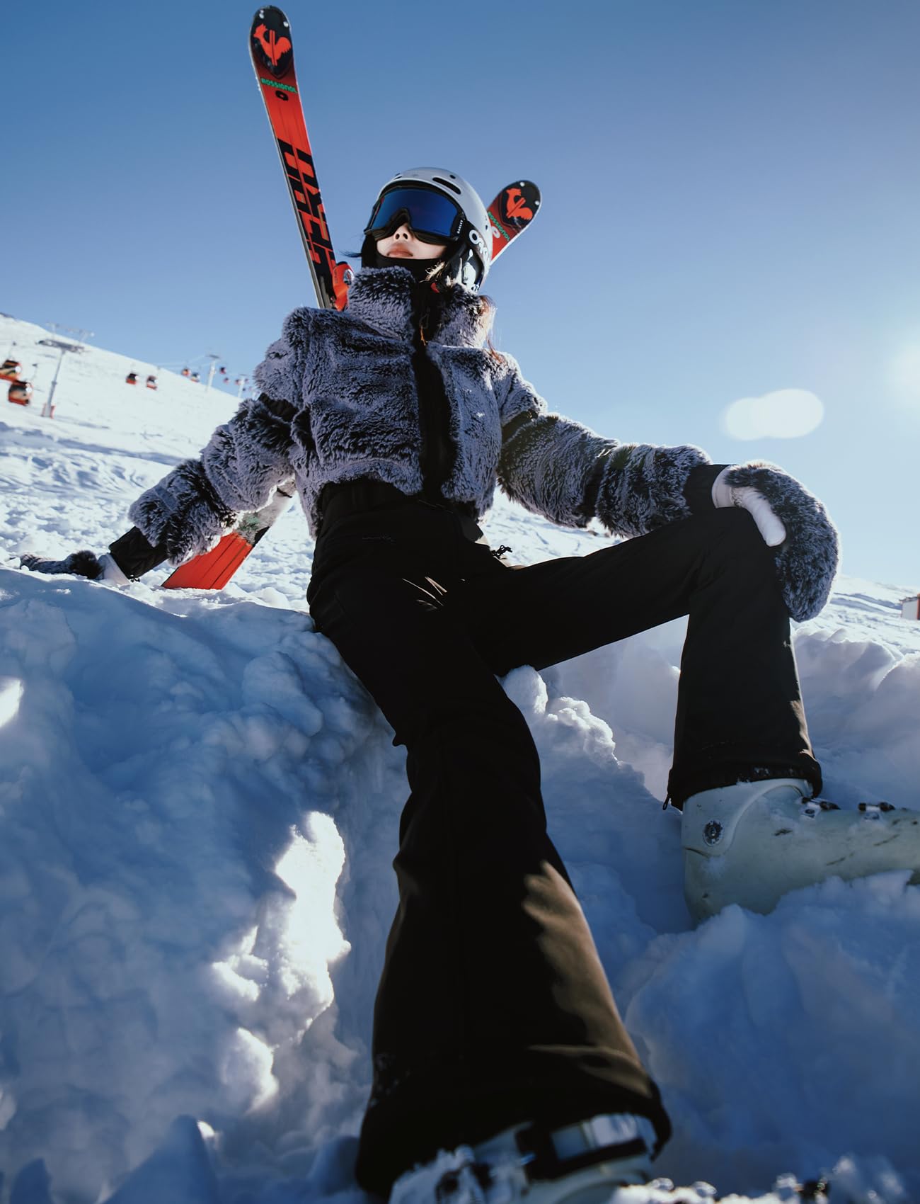 GSOU SNOW Women Ski Suit One Piece Snowsuit Snowboard Faux Fur Collar Slim Jumpsuit Jacket Insulated Windproof Outdoor Winter