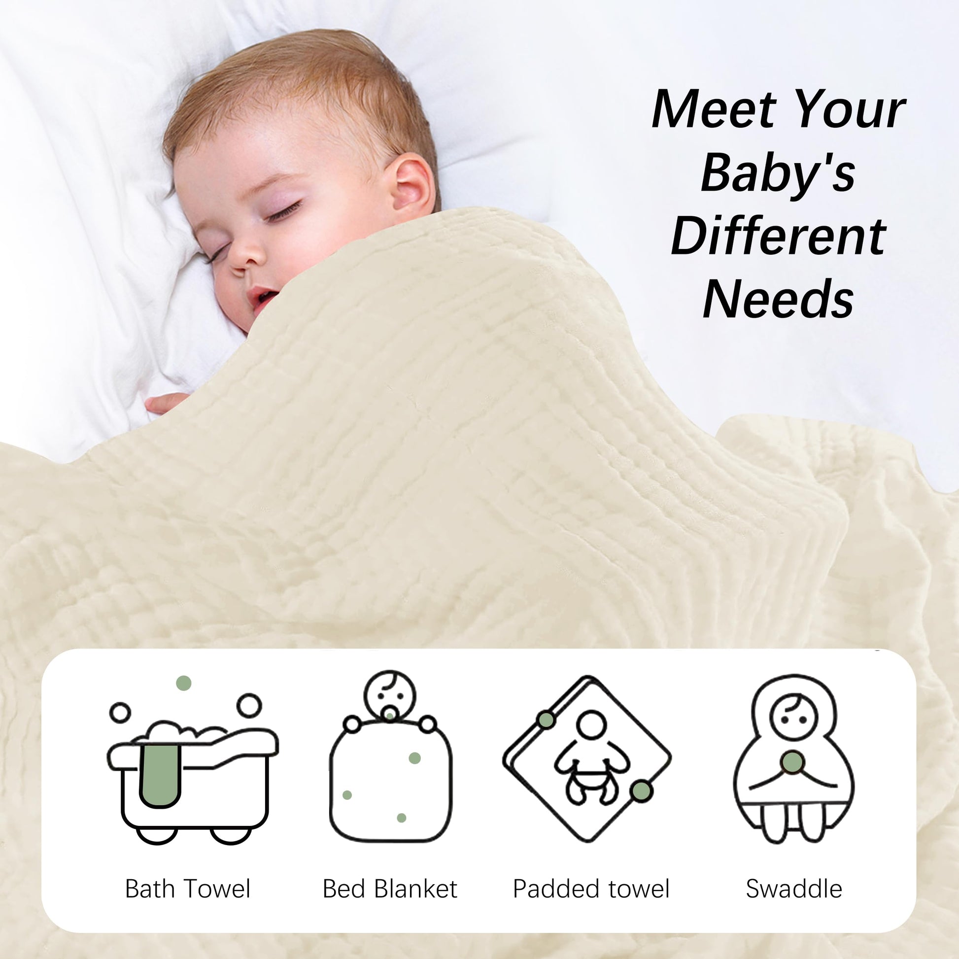 SWEET DOLPHIN Muslin Hooded Baby Bath Towels - 2 Pack 100% Cotton Towel for Babies, Infants, Toddlers - 32x32Inch - Highly Absorbent and Newborn Essential, Light Bean Paste