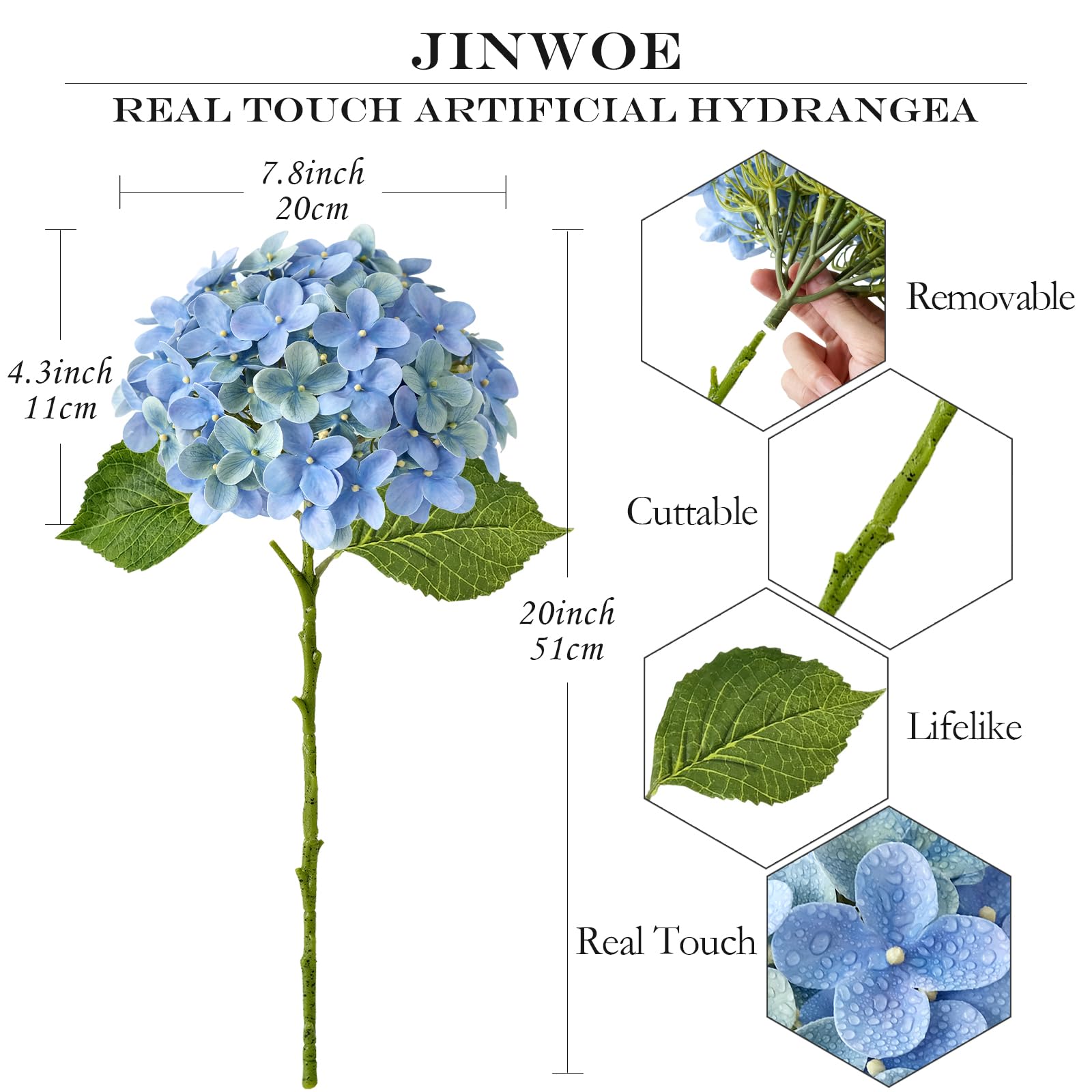 Light Blue Hydrangea Artificial Flowers,4Pcs 20" Real Touch Lifelike Silk Artificial Hydrangeas, Full Fake Flowers for Bouquet Table Centerpieces Spring Wedding Indoor Home
