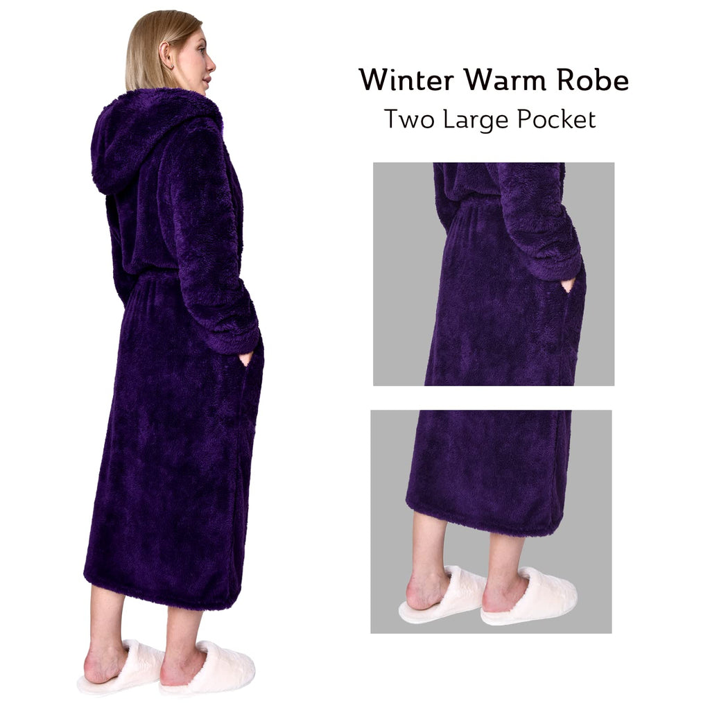 Hellomamma Long Hooded Robe for Women Luxurious Flannel Fleece Full Length Bathrobe Winter Warm Pajamas Shower Nightgown