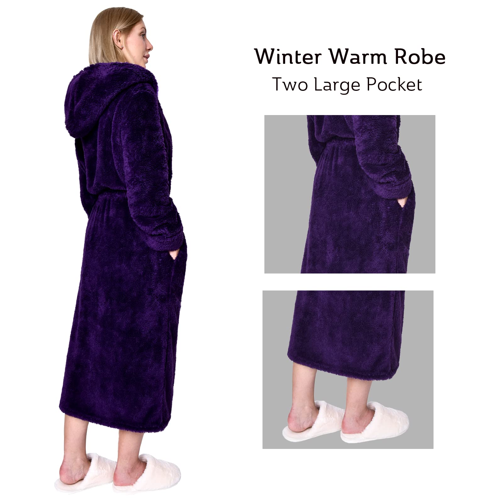 Hellomamma Long Hooded Robe for Women Luxurious Flannel Fleece Full Length Bathrobe Winter Warm Pajamas Shower Nightgown