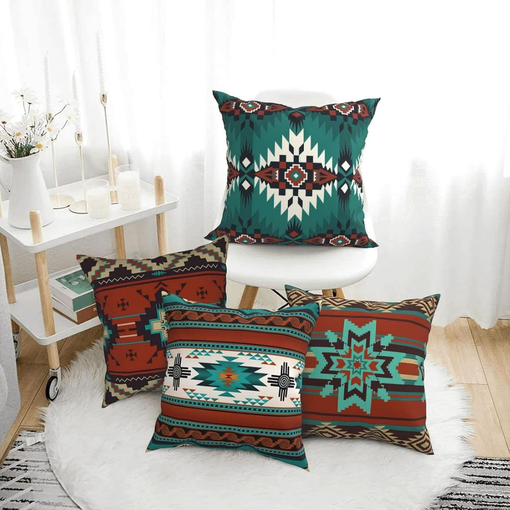 Western Native American Throw Pillow Covers 18X18 Southwestern Boho Aztec Navajo Turquoise Decorative Cushion Pillow Cases for Outdoor Home Decor Set of 4, Double Side Print (African Mudcloth)