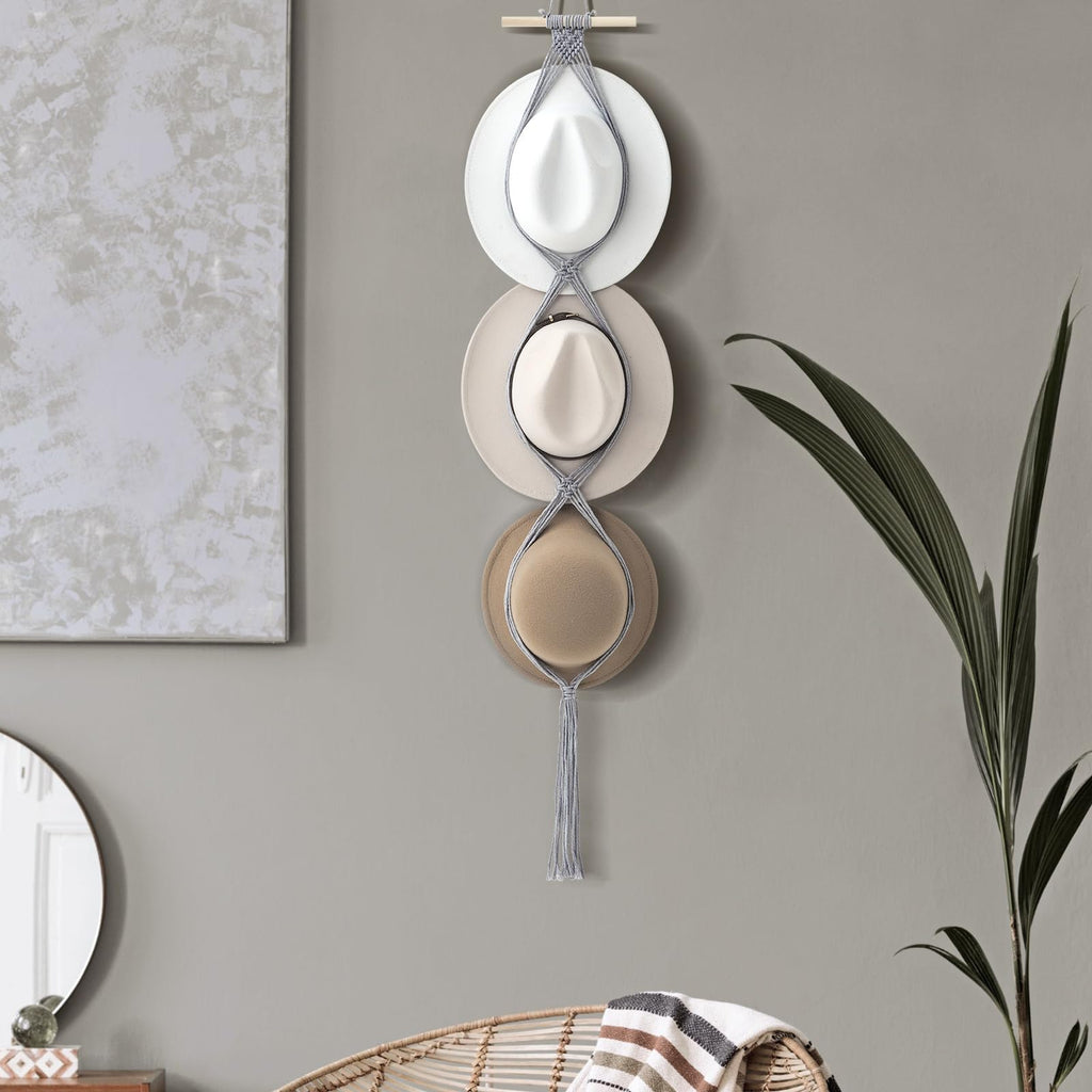 Yulejo Macrame Hat Hangers Boho Hat Rack for Wall Western Cowboy Hanging Organizer for Door Wall Room Bedroom