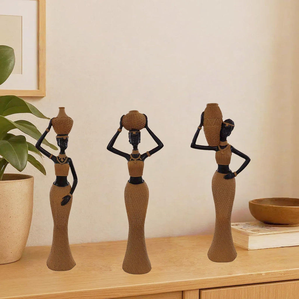 Set of 3 Resin African Woman Statues – Elegant Tribal Figurines in Gold Dresses, Afrocentric Home Decor Sculptures for Living Room, Bookshelf, Gift