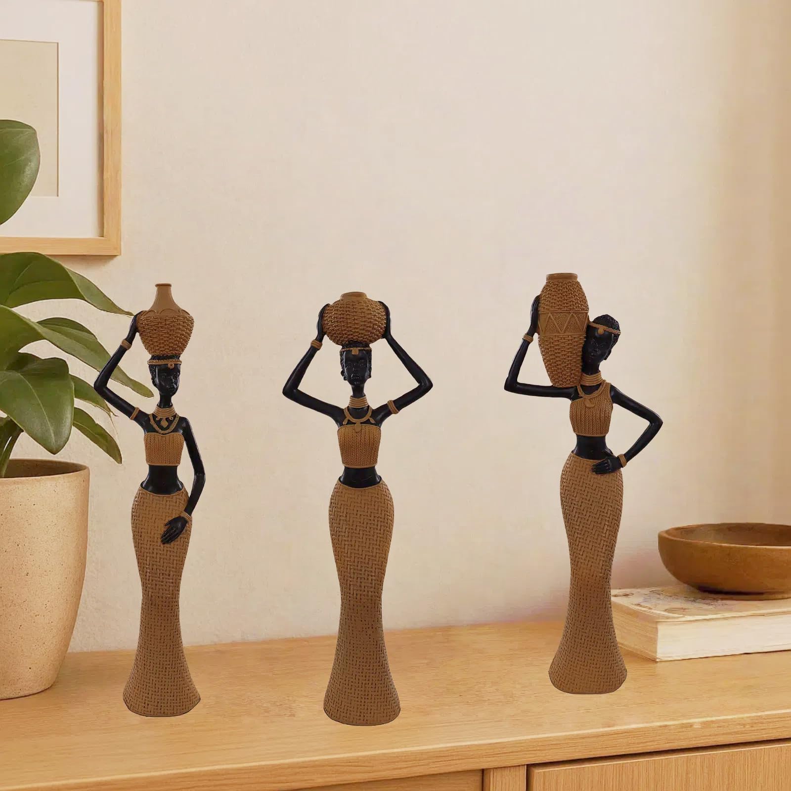 Set of 3 Resin African Woman Statues – Elegant Tribal Figurines in Gold Dresses, Afrocentric Home Decor Sculptures for Living Room, Bookshelf, Gift