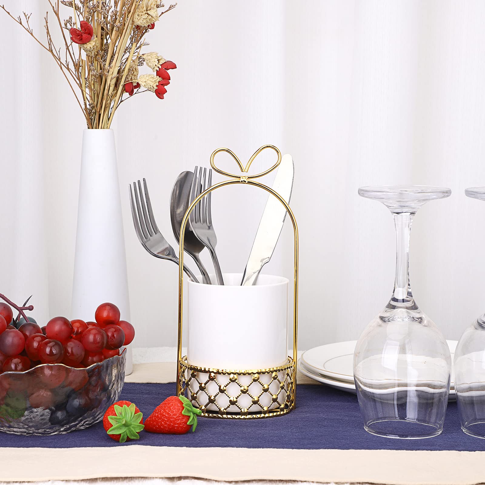 JUXYES Ceramic Silverware Holder For Tabletop, White Cutlery Holder With Golden Metal Bracket, Decorative Flatware Holder Countertop Utensil Holder Organizer for Wedding Kitchen Dining Tables