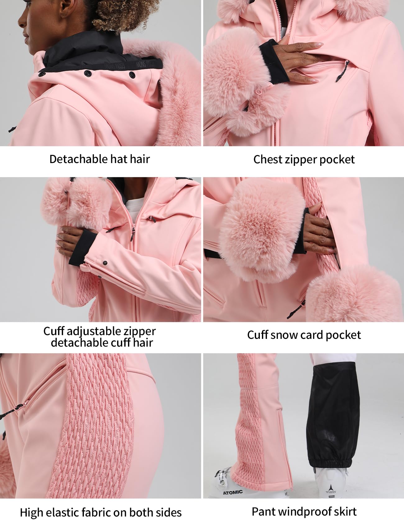 GSOU SNOW Ski Suit Womens One Piece Snowsuit Snowboard Jacket Slim Snow Jumpsuit Faux Fur Ski Outfit Waterproof Windproof