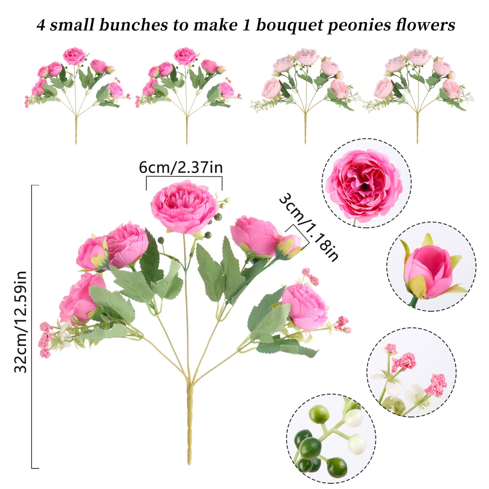 4 Bundles Artificial Peonies Silk Flowers, White Faux Peony Bouquet Florals Arrangements Decor for Farmhouse Home Boho Wedding Table Centerpiece, Fake Plastic Flowers Bulk Vase Decoration (White)