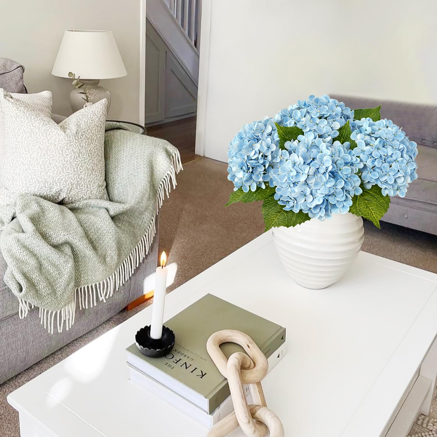 Light Blue Hydrangea Artificial Flowers,4Pcs 20" Real Touch Lifelike Silk Artificial Hydrangeas, Full Fake Flowers for Bouquet Table Centerpieces Spring Wedding Indoor Home