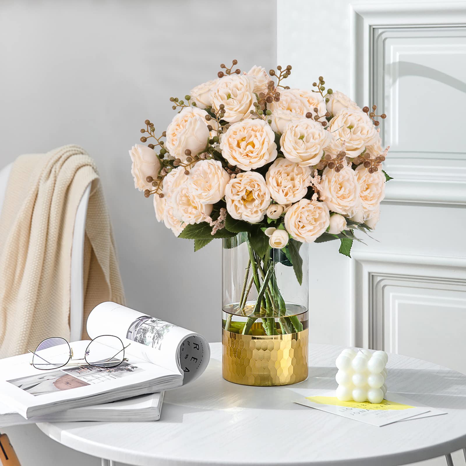 4 Bundles Artificial Peonies Silk Flowers, White Faux Peony Bouquet Florals Arrangements Decor for Farmhouse Home Boho Wedding Table Centerpiece, Fake Plastic Flowers Bulk Vase Decoration (White)