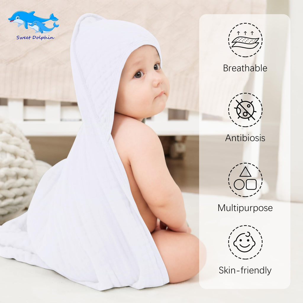 SWEET DOLPHIN Muslin Hooded Baby Bath Towels - 2 Pack 100% Cotton Towel for Babies, Infants, Toddlers - 32x32Inch - Highly Absorbent and Newborn Essential, Light Bean Paste