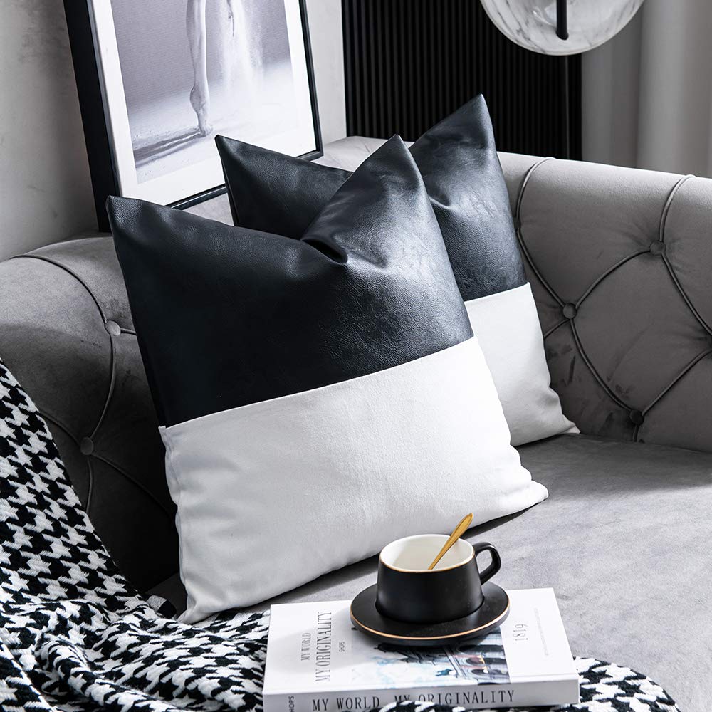 DEZENE Leather Throw Pillow Covers, Set of 2 Modern Leather/Cotton Decorative Pillowcases for Home Decor Bedroom Living Room Couch Bed Sofa, 18x18 Inch, Cognac-Brown and White