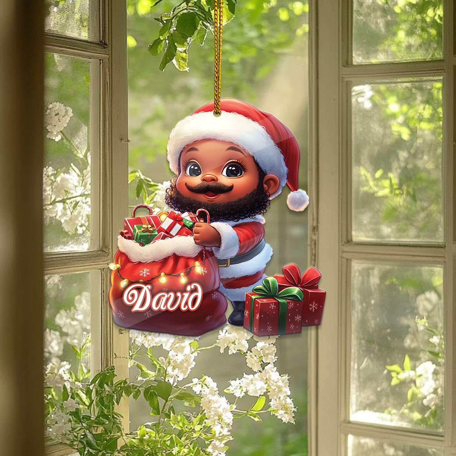 2D Acrylic Christmas Elf Shaped Ornament with Gift Box, Personalized Name Holiday Keepsake, Cute Ornament for Kids Room, Custom Name African-Inspired Decoration, Gifts for Boys