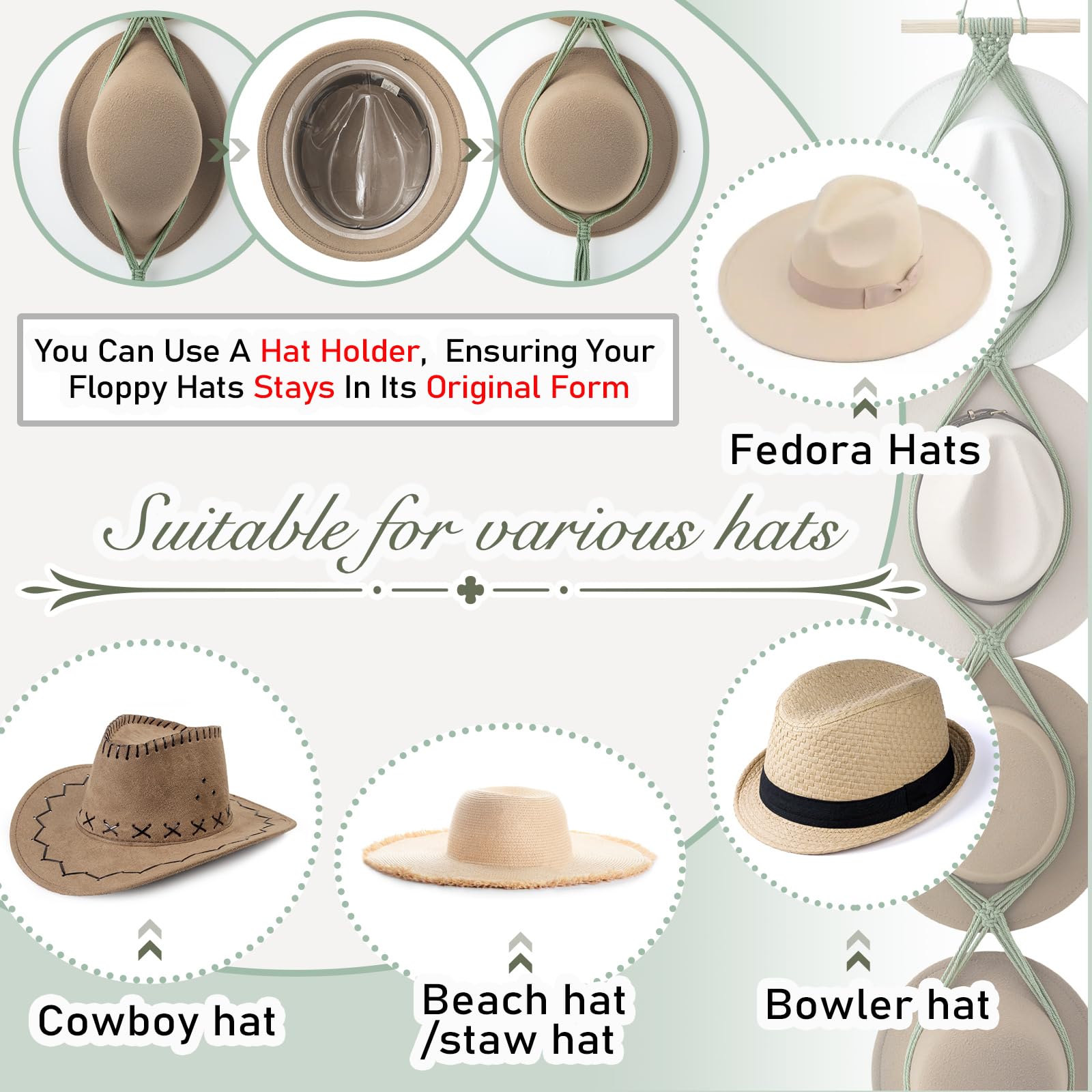 Yulejo Macrame Hat Hangers Boho Hat Rack for Wall Western Cowboy Hanging Organizer for Door Wall Room Bedroom