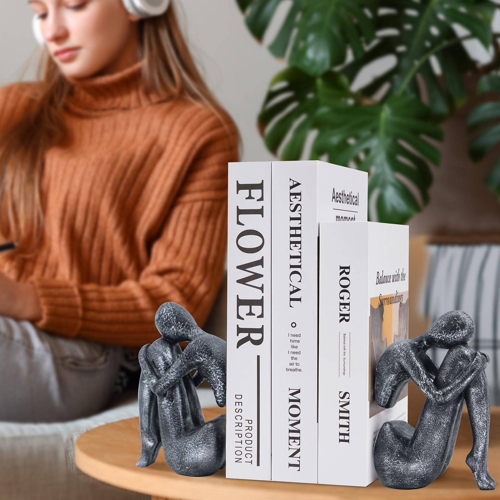 Black Decor Women Statue, Thinker Girl Sculptures, Modern Abstract Art Accents, Black Resin Collectible Figurines for Living Room Bedroom Bookshelf Coffe Table, Resin, 1Piece