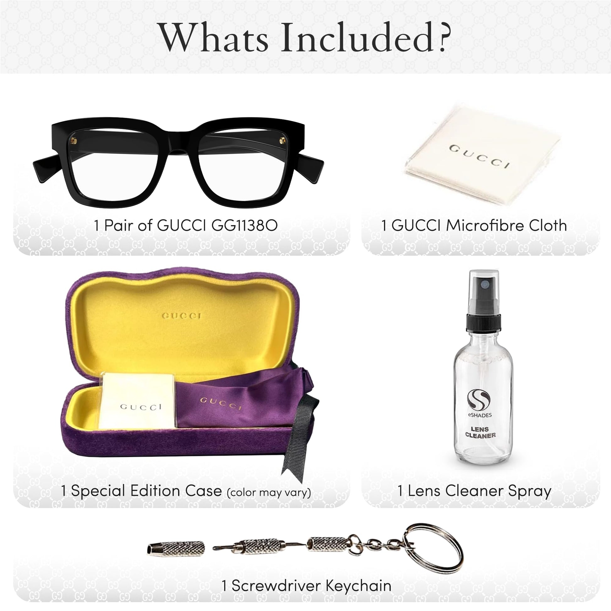 Gucci GG1138O Square Shape Eyeglasses + Bundle with eSHADES Luxury Eyewear Kit