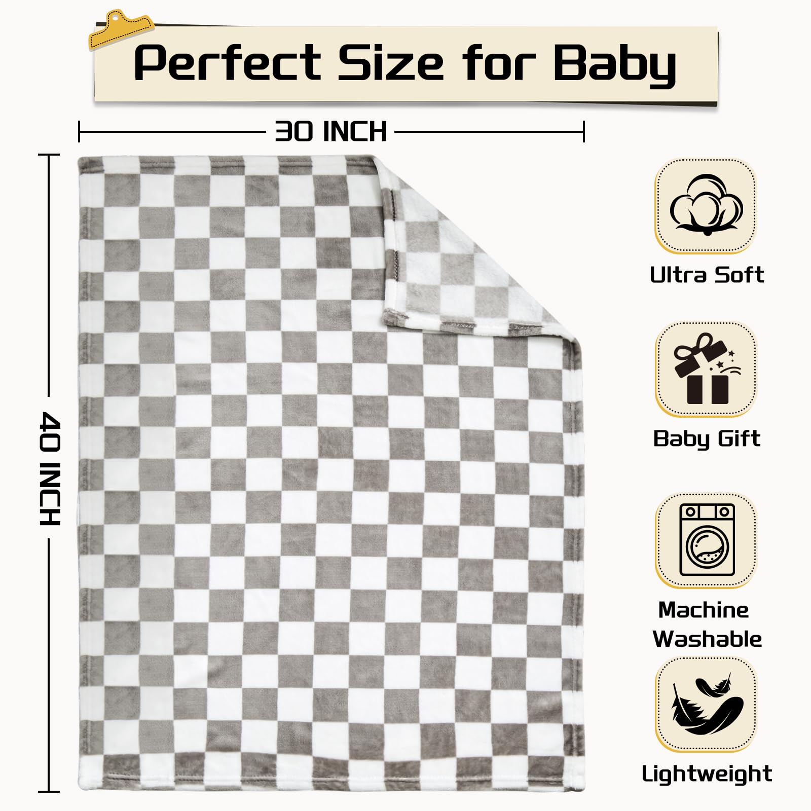 Yurhap Checkered Baby Blanket Fleece Baby Blankets Neutral for Boys Girls, Super Soft Warm Lightweight Infant Toddler Newborn Receiving Blankets for Crib Stroller, 30''x40'', Khaki