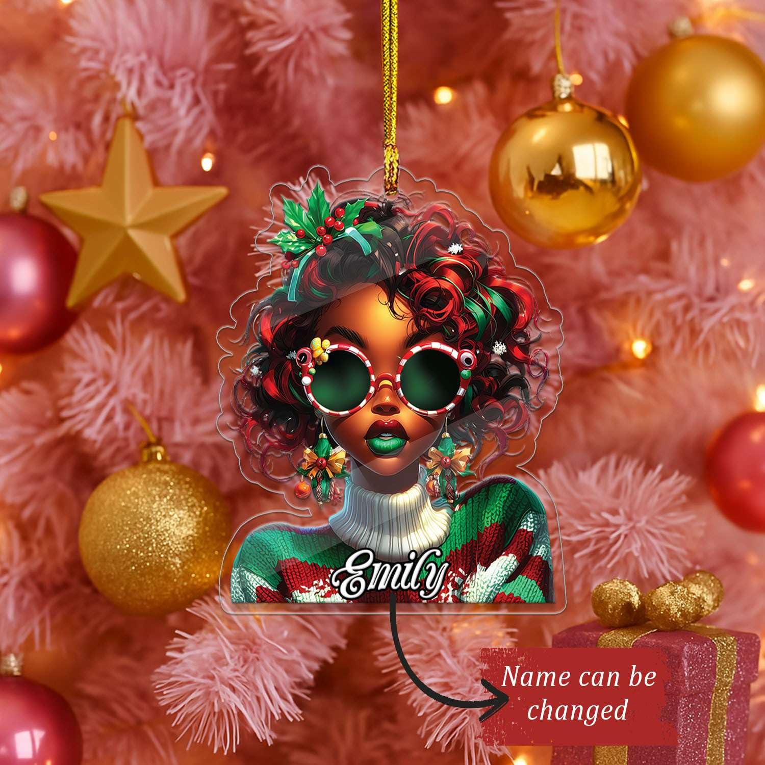 2D Acrylic Christmas Elf Shaped Ornament with Gift Box, Personalized Name Holiday Keepsake, Cute Ornament for Kids Room, Custom Name African-Inspired Decoration, Gifts for Boys