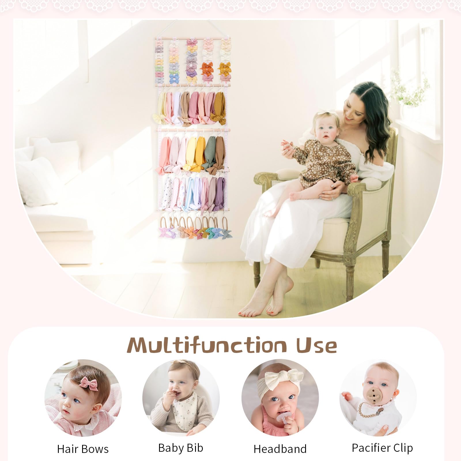 POVETIRE Headband Holder Hair Bows Organizer for Girls, Baby Headbands Hair Accessories Organizer Storage Wall Hanging Decor for Toddler Girls Room