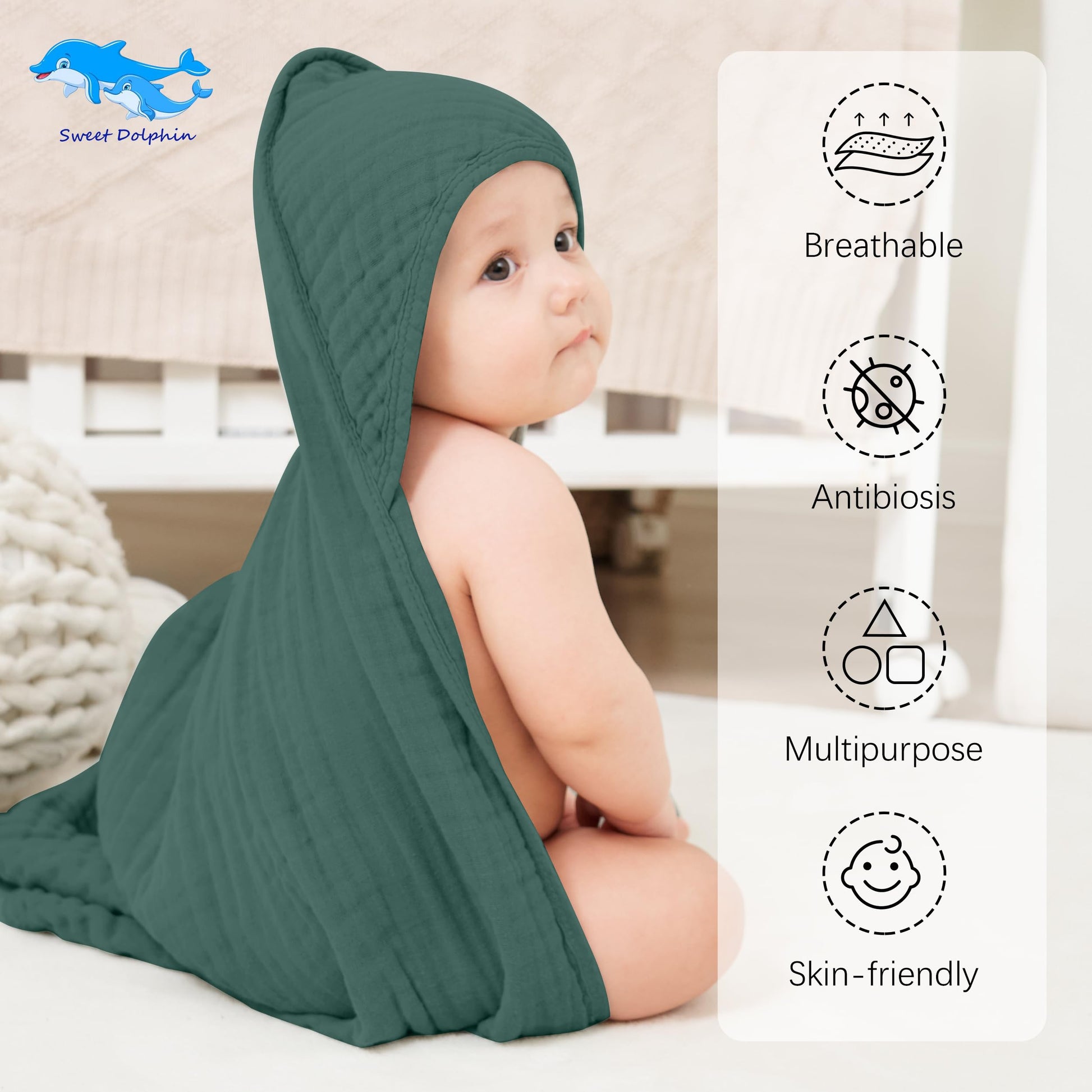SWEET DOLPHIN Muslin Hooded Baby Bath Towels - 2 Pack 100% Cotton Towel for Babies, Infants, Toddlers - 32x32Inch - Highly Absorbent and Newborn Essential, Light Bean Paste