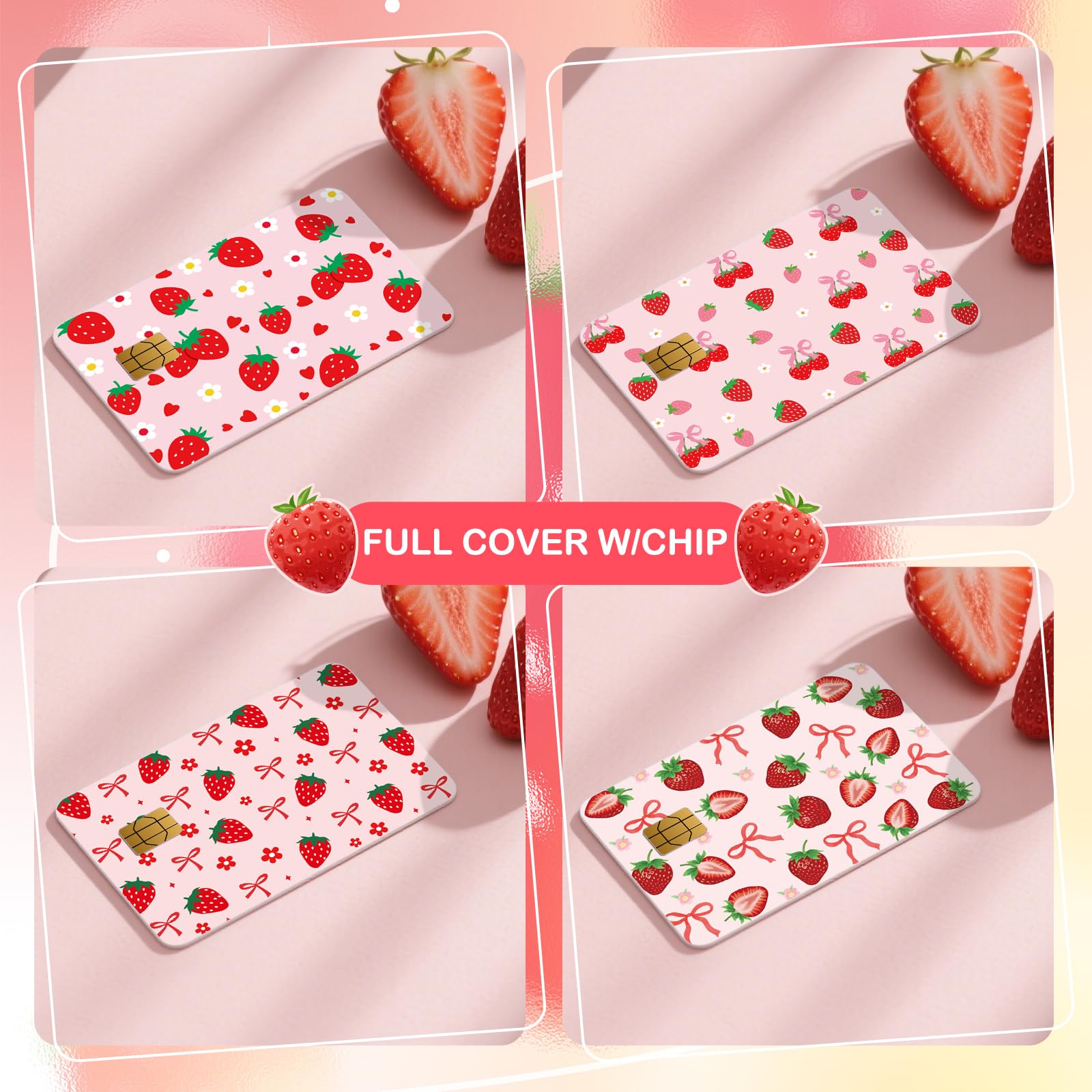 Credit Card Skin Stickers - 4 Pcs Pink Strawberry Debit Card Skin Stickers, Cute Berry Bow Daisy Removable Waterproof Decal Cover Set for DIY Key, Transportation
