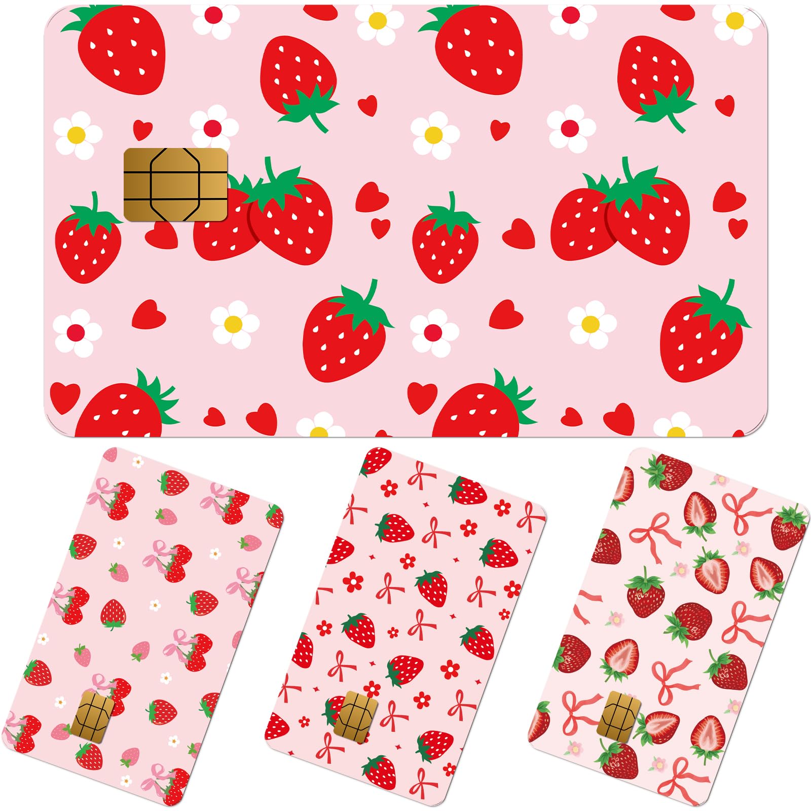 Credit Card Skin Stickers - 4 Pcs Pink Strawberry Debit Card Skin Stickers, Cute Berry Bow Daisy Removable Waterproof Decal Cover Set for DIY Key, Transportation
