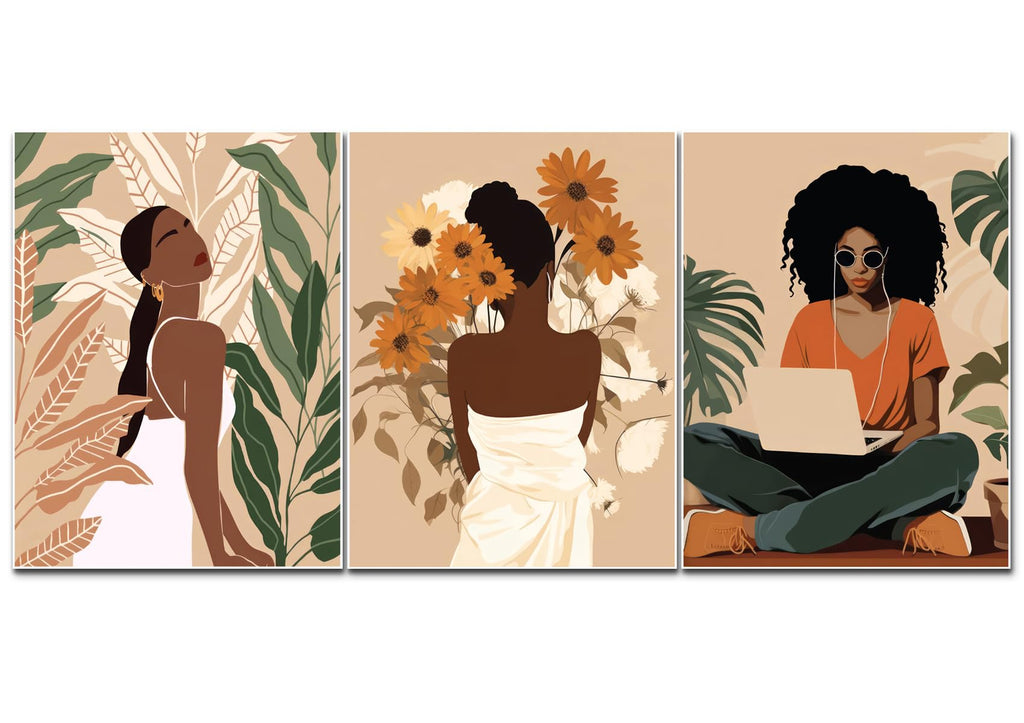 Framed Black Girl Wall Art Set of 3, Black Woman with Floral Pictures Wall Decor Paintings, Fashion African American Female Canvas Prints Home Decor for Living Room Bedroom Office 16x24 inch