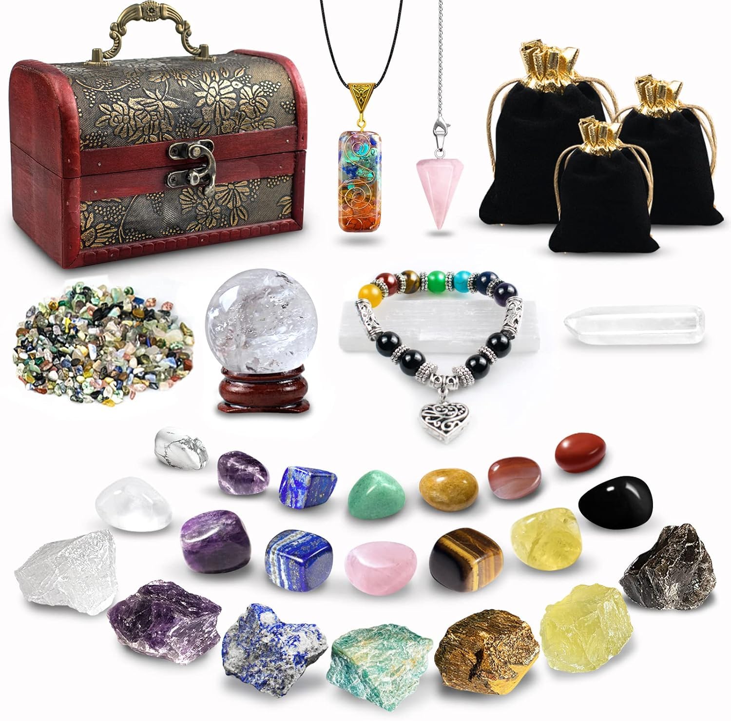 Healing Crystals Set, 28 Pcs Crystals and Healing Stones 7 Chakra Kits Obsidian Real Spiritual Protection Natural Reiki Energy Meditation Crystals for Beginners Wooden Box, Crystal Gifts for Women