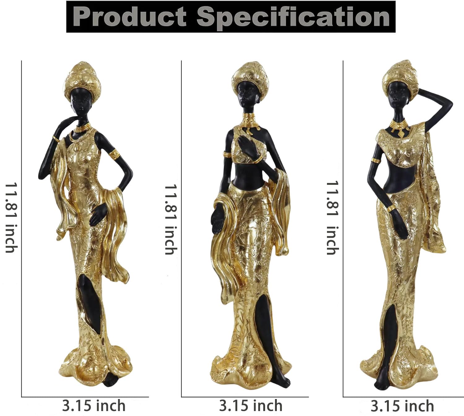 Set of 3 Resin African Woman Statues – Elegant Tribal Figurines in Gold Dresses, Afrocentric Home Decor Sculptures for Living Room, Bookshelf, Gift