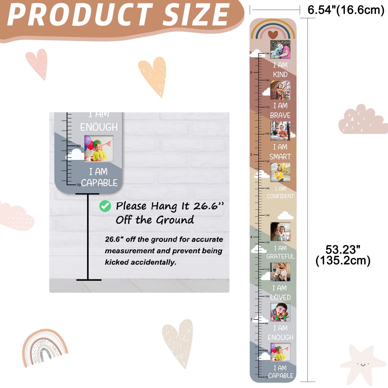 Garybank Solid Wood Growth Chart for Kids with Picture Frames, Height Measurement Ruler Milestone Markers, Foldable Kids Height Wall Chart, Christmas Keepsake Gift for Toddler Boy Girl Room Wall Decor