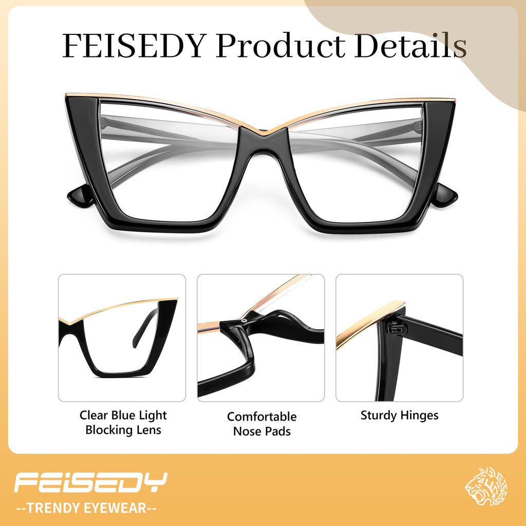 FEISEDY Fashion Cat Eye Blue Light Blocking Glasses for Women Fake Retro Eyeglasses Oversized Stylish Eyewear Frame B0240