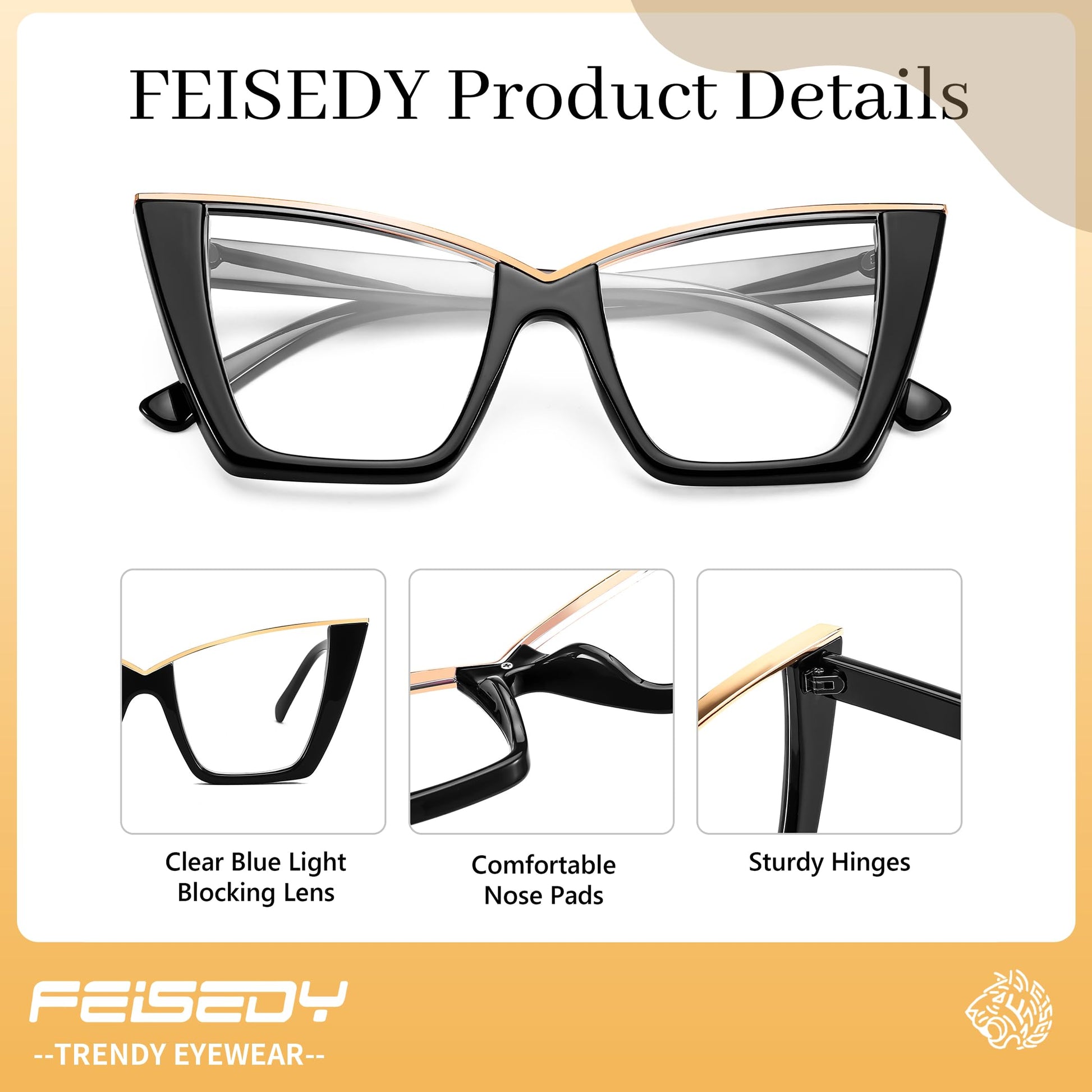 FEISEDY Fashion Cat Eye Blue Light Blocking Glasses for Women Fake Retro Eyeglasses Oversized Stylish Eyewear Frame B0240