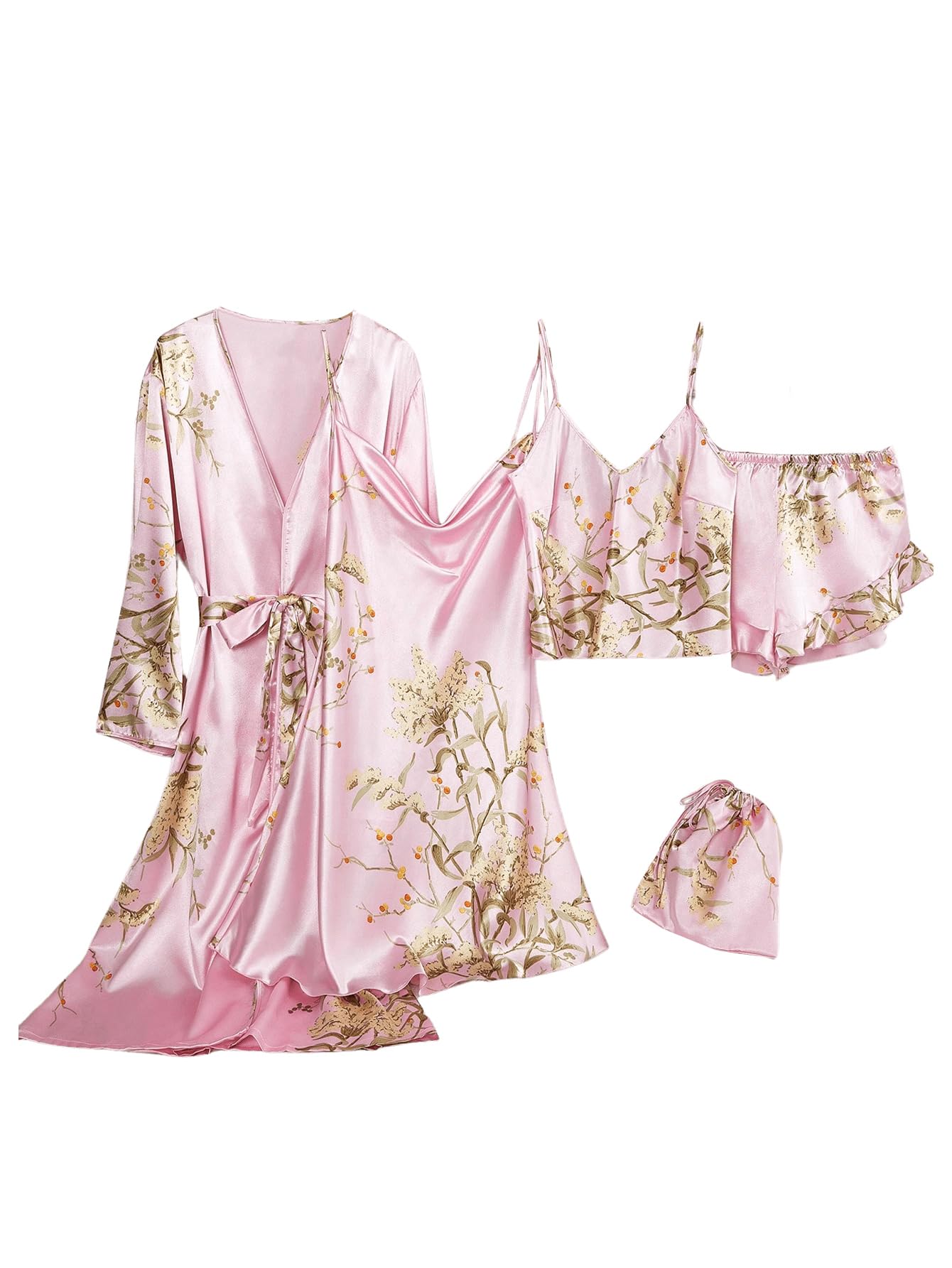 GORGLITTER Women's 5 Piece Floral Print Satin Pajama Set Nightgown Robe Cami Shorts Sleepwear with Storage Bag