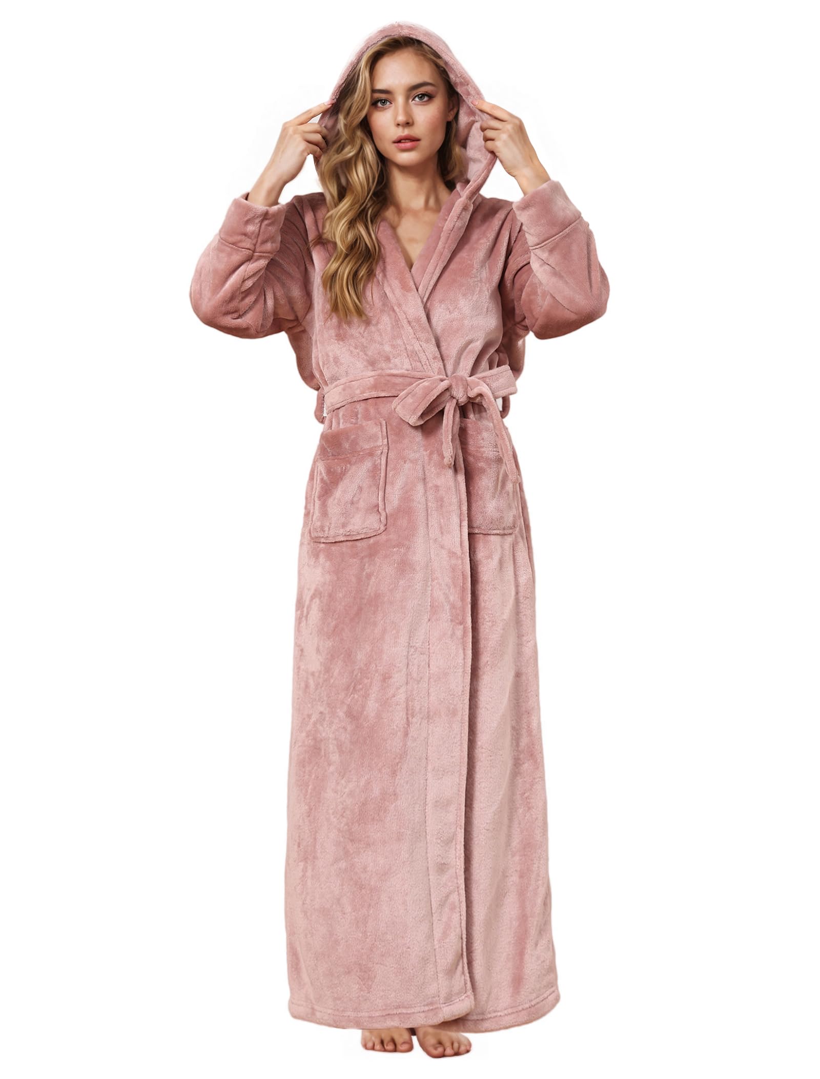 Hellomamma Long Hooded Robe for Women Luxurious Flannel Fleece Full Length Bathrobe Winter Warm Pajamas Shower Nightgown