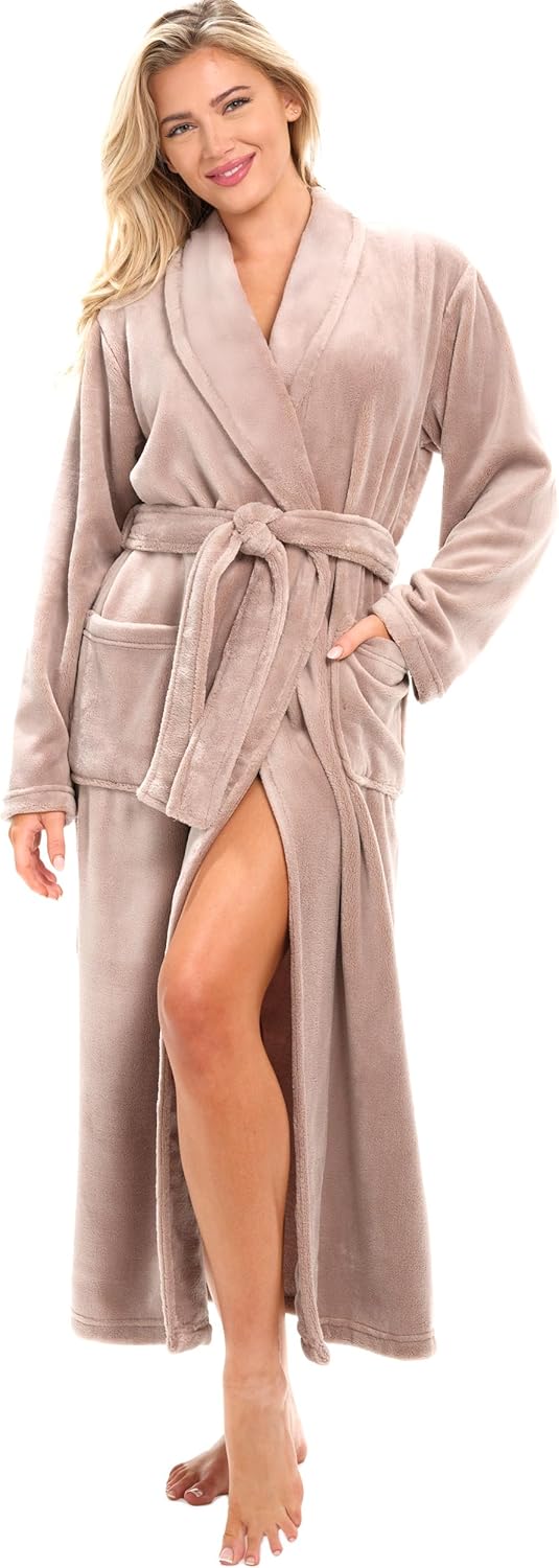 Alexander Del Rossa Plush Striped Robe for Women, Long Fleece Plaid Winter Bath Robe, Plus Size