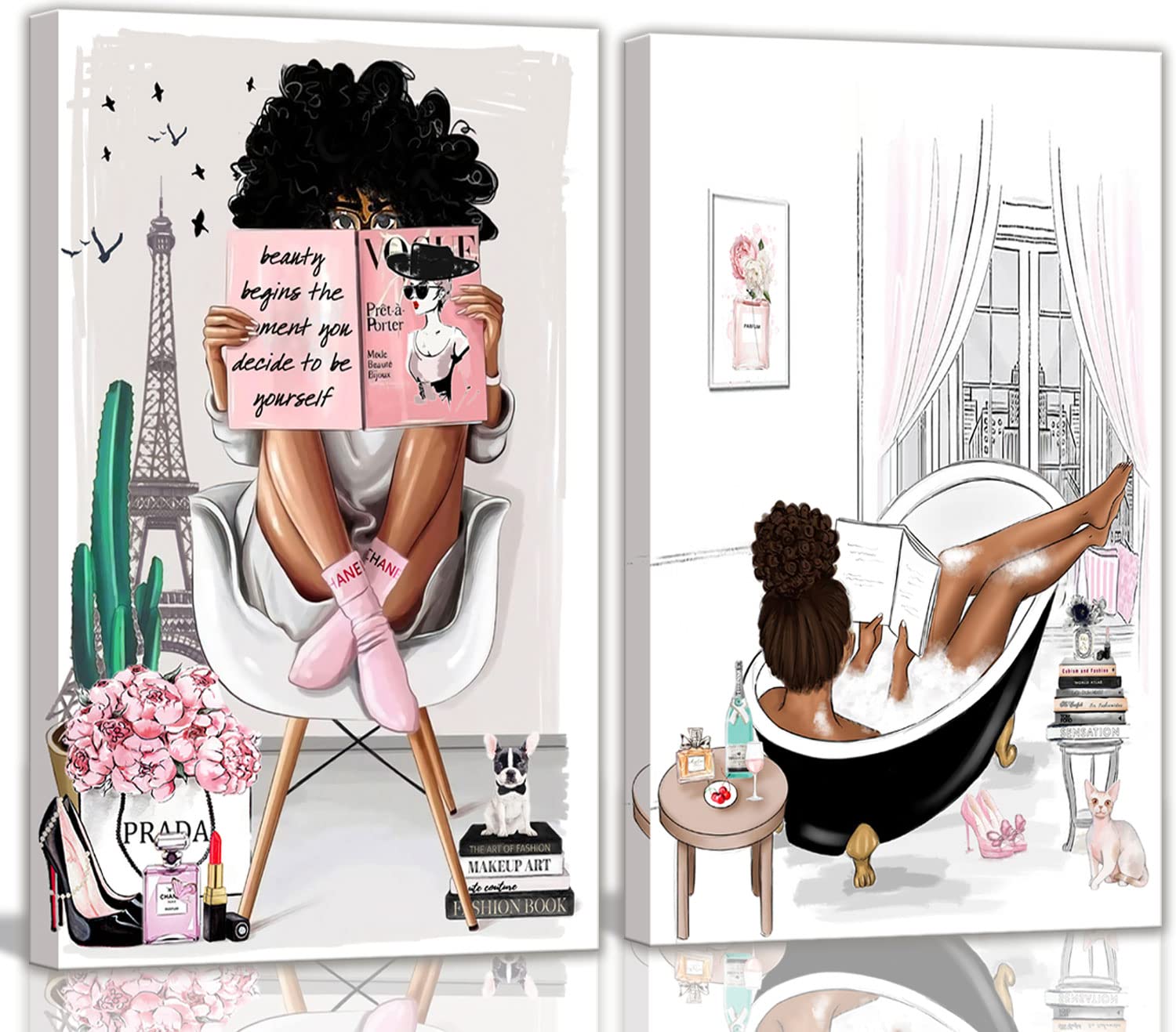 2 Pieces Framed African American Wall Art Modern Fashion Paris Pink White Afro Black Girls Women Canvas Wall Decor Pictures Posters Prints Artwork for Bathroom Living Room Bedroom Home Decoration