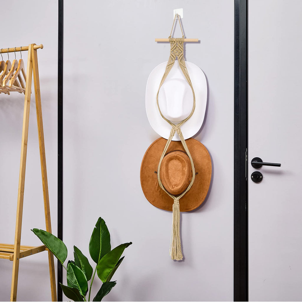 Yulejo Macrame Hat Hangers Boho Hat Rack for Wall Western Cowboy Hanging Organizer for Door Wall Room Bedroom