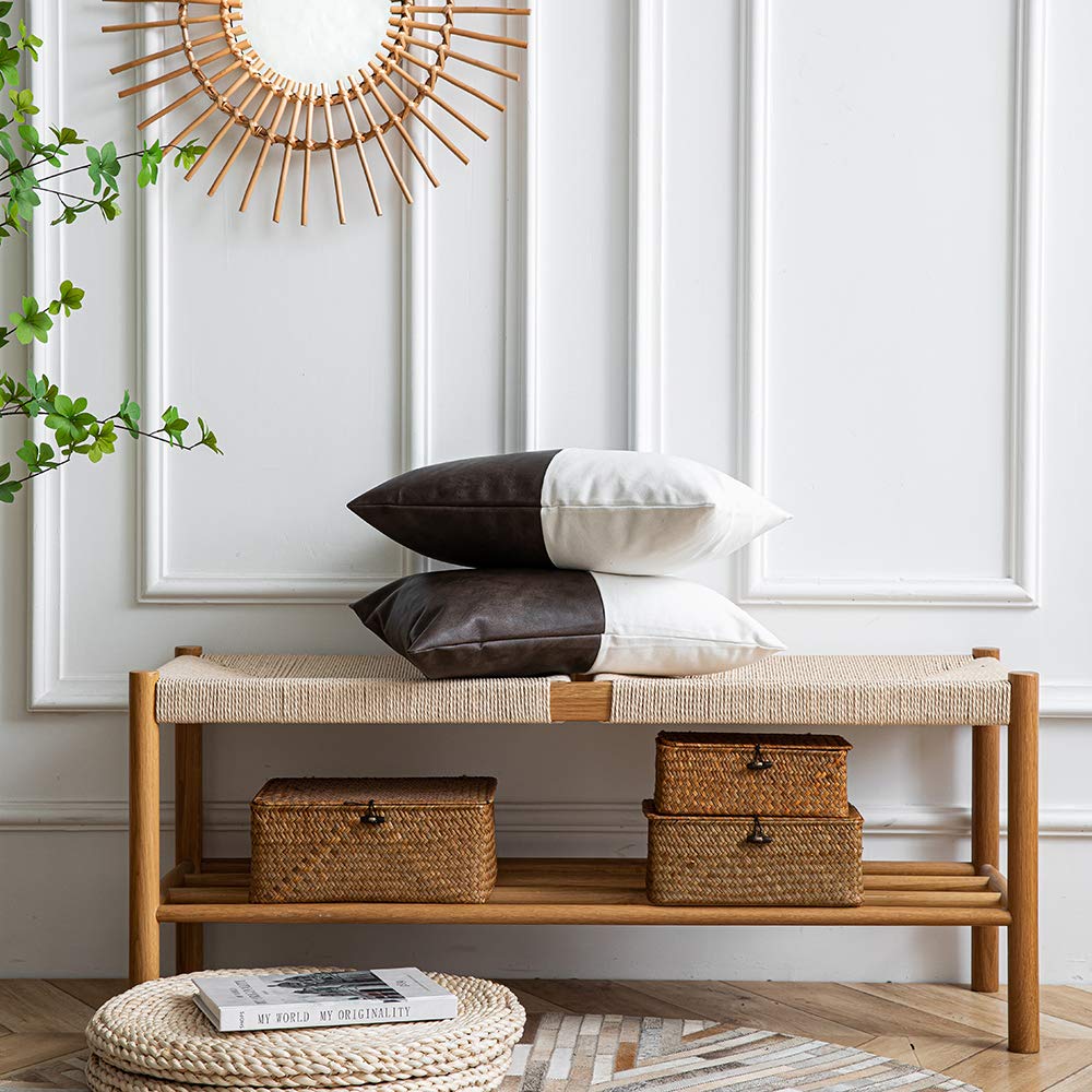 DEZENE Leather Throw Pillow Covers, Set of 2 Modern Leather/Cotton Decorative Pillowcases for Home Decor Bedroom Living Room Couch Bed Sofa, 18x18 Inch, Cognac-Brown and White