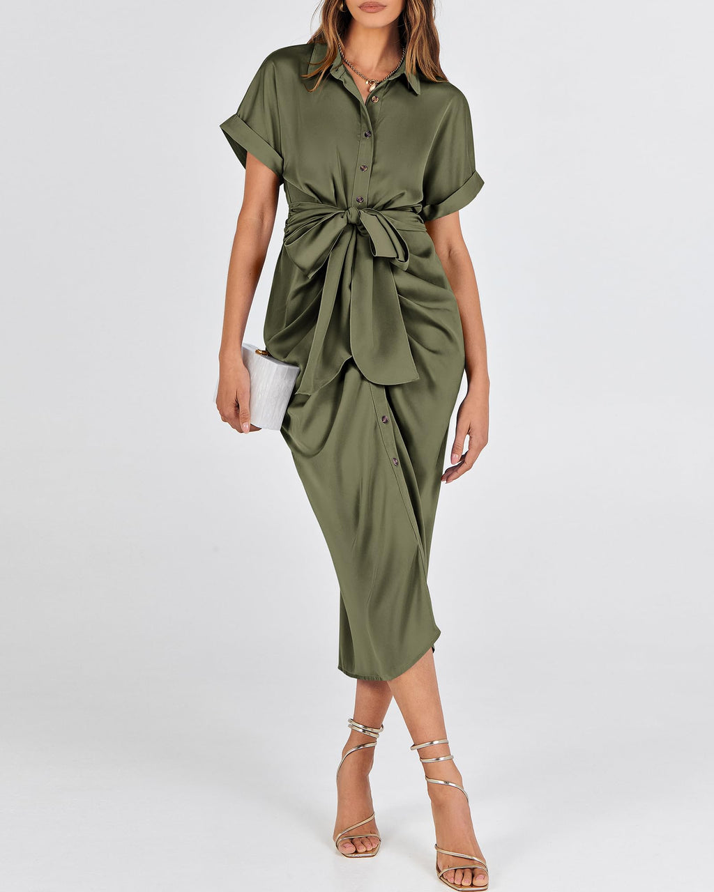 BTFBM Women Button Down Ruched Shirt Dresses Satin Short Sleeve Lapel V Neck Summer Maxi Dress 2025 Party Wedding Guest