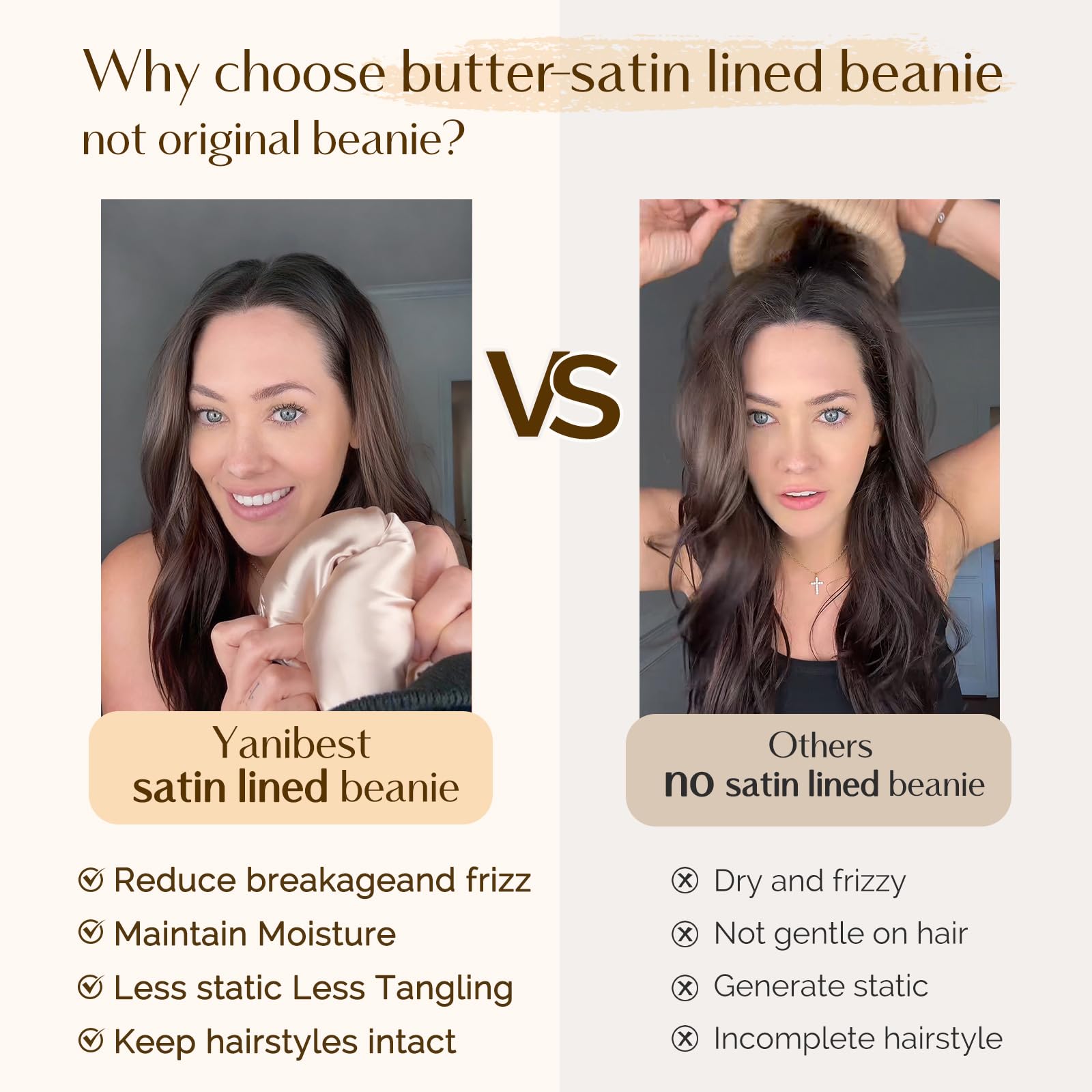 YANIBEST Satin Lined Beanie for Women Reduce Frizz Winter Hats for Women Men Silk Lining Soft Slouchy Warm Cuffed Less Static