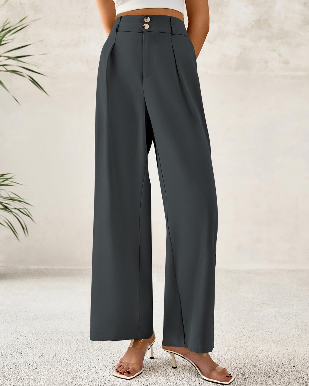 BTFBM Women Wide Leg Dress Pants 2025 High Waisted Button Pleated Business Casual Trousers Office Work Palazzo Pants