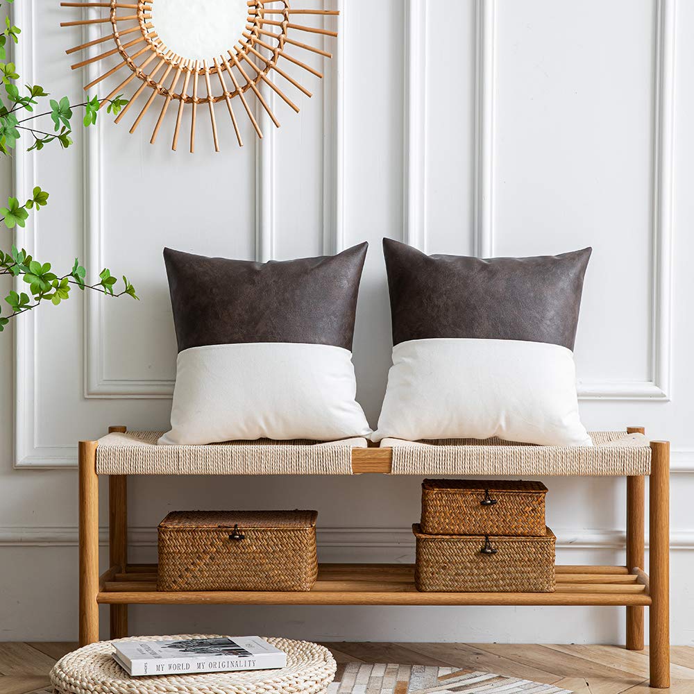 DEZENE Leather Throw Pillow Covers, Set of 2 Modern Leather/Cotton Decorative Pillowcases for Home Decor Bedroom Living Room Couch Bed Sofa, 18x18 Inch, Cognac-Brown and White