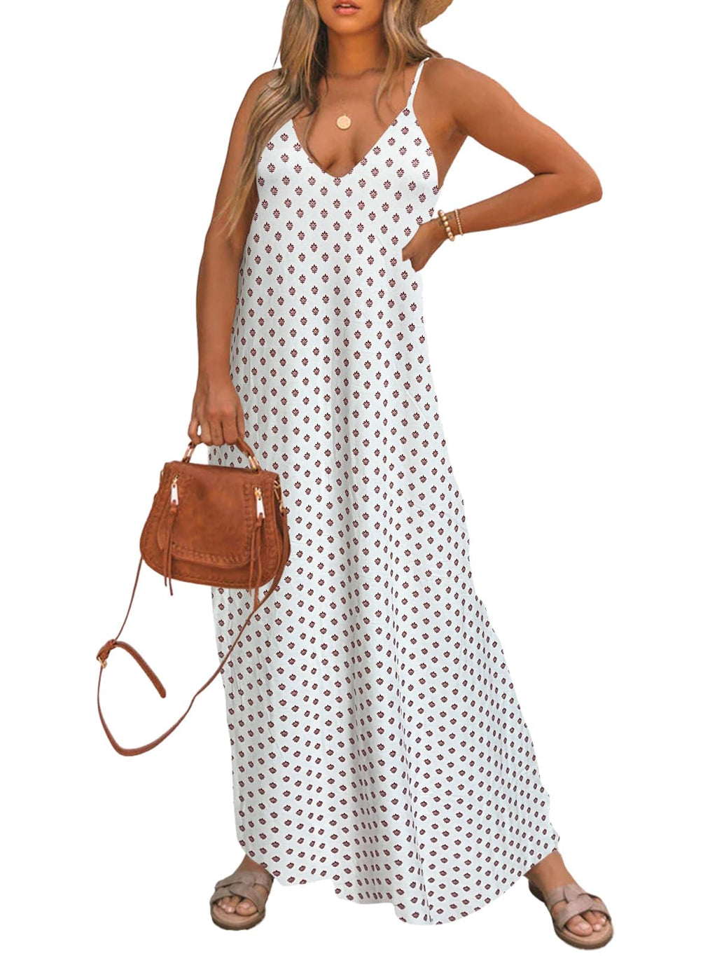 Poetsky Womens Casual Strappy V Neck Sleeveless Flowy Pockets Loose Long Maxi Beach Dress Sundress