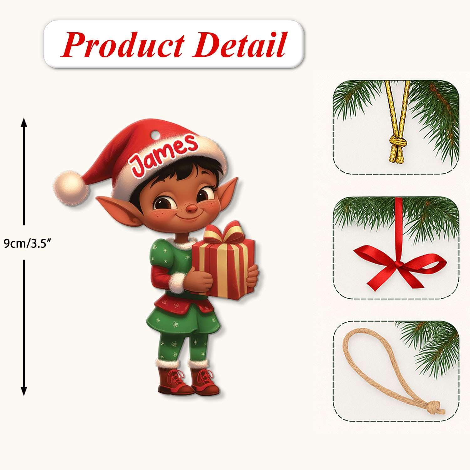 2D Acrylic Christmas Elf Shaped Ornament with Gift Box, Personalized Name Holiday Keepsake, Cute Ornament for Kids Room, Custom Name African-Inspired Decoration, Gifts for Boys